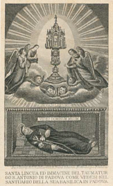 Holy card with image of corpus of St. Anthony preserved in the Basilica of St. Anthony in Padua